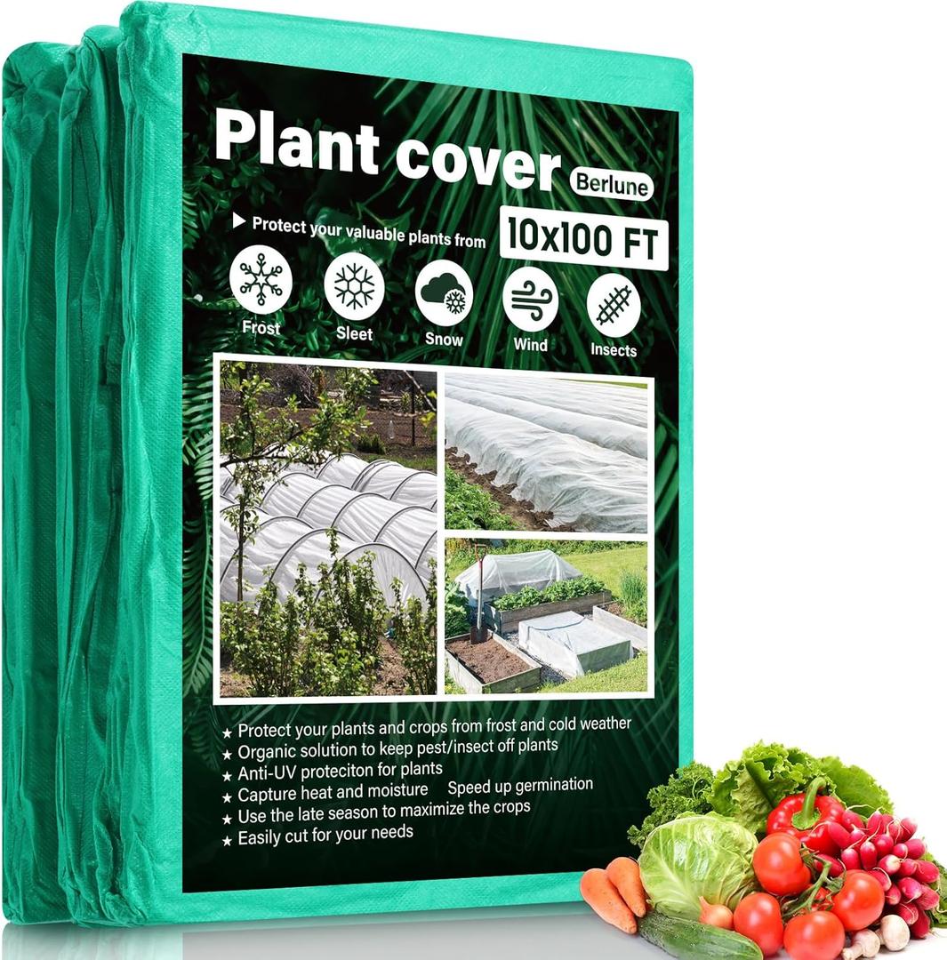 Berlune Plant Covers Freeze Protection Frost Blankets Plant Covers for Winter Protection Frost Cloth Floating Row Cover for Outdoor Garden Raised Bed Frost Snow Protection (Green, 10 ft x 100 ft)