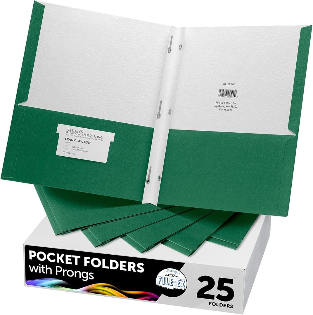 FILE-EZ Two-Pocket Folders with 3-Prong Fasteners, Green Color, 25-Pack, Durable Textured Paper, Matte Finish, Letter Sheet Size (EZ-92560)