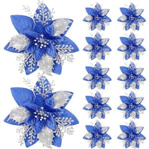 Canlierr 12 Pieces 5.7 Inch Christmas Poinsettia Flower Christmas Glitter Artificial Flower with Clips Xmas Tree Ornament for Wreath Garland Party Decor (Blue,Silver)