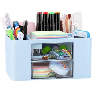 Desk Organizer with 2 Drawer, Plastic Desktop Pen Pencil Card Holder Storage Box for Desk, Office Supplies, Vanity Table Office School Home (Blue)