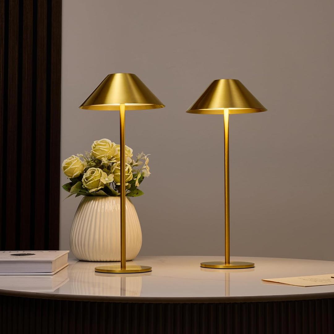 Bojim Gold Cordless Lamp Set of 2, Rechargeable Touch Table Lamps with 3 Color Dimming, Portable Wireless Lamps for Reading/Home Decor (14 Inch - Regular (Pack of 2)