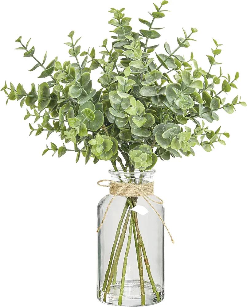 12" Artificial Eucalyptus Stems in Glass Vase with Faux Water, Realistic Eucalyptus Leaves Fake Plant Branch Greenery Decoration for Home Farmhouse Bathroom Kitchen Wedding Centerpiece Table Décor