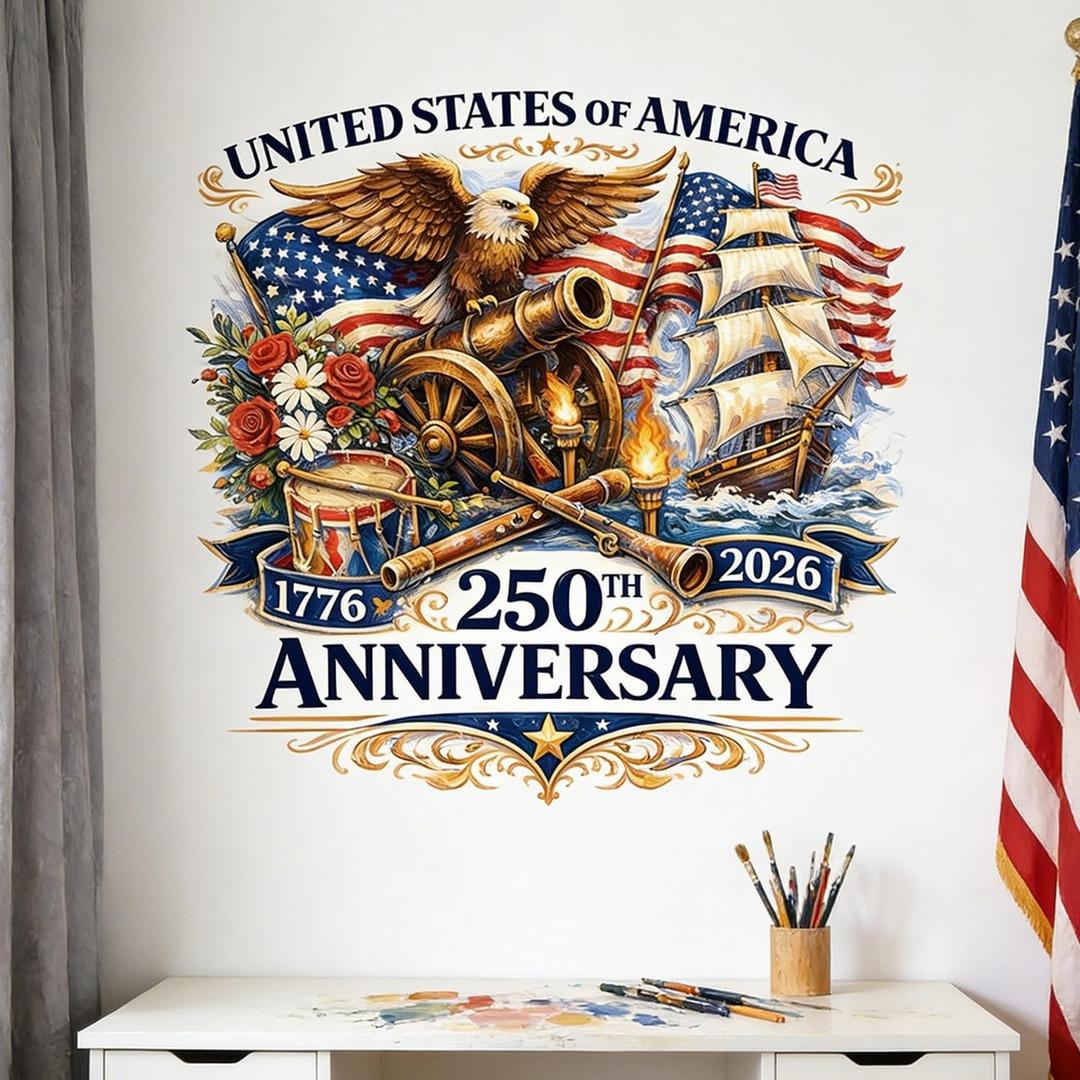 United States 250th Anniversary Wall Decal 1776-2026 Eagle Flag Vintage Cannon Self Adhesive Wall Sticker Independence Day Wall Art Decor for Home Living Room Bedroom Office Party Decorations 1 Sheet