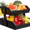 Bamboo 2 Tier Fruit Basket for Kitchen Counter, Large Capacity Fruit Storage Countertop, Fruit Holder, Wood Pantry Organizers and Storage, Kitchen Countertop Organizer With Two Banana Hangers (Black)