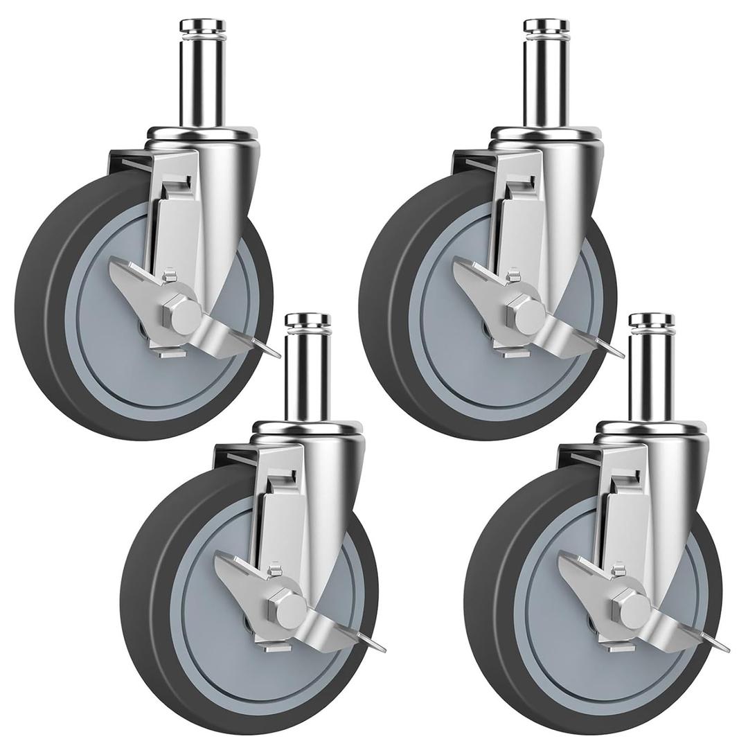 RILIDRI 5-Inch Caster for Wire Shelving Racks, Heavy Duty Scaffolding Wheel with Brake, Set of 4 Metro Shelving Replacement Wheels(.864" x 2-3/16")
