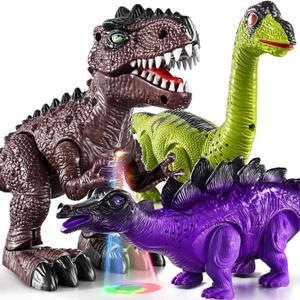 TEMI 3 Pack Electrical Walking Dinosaur Toys for Toddlers 3-4 3-5 Years with Sound and Light Up, Toddler Robot Dinosaur, Brachiosaurus, Stegosaurus Dinosaur Figures for Kids