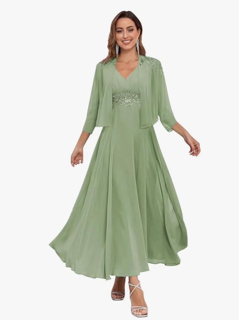 Tea Length Mother of The Bride Dresses with Jacket 2 Piece V Neck Formal Evening Dress for Women, Size 8