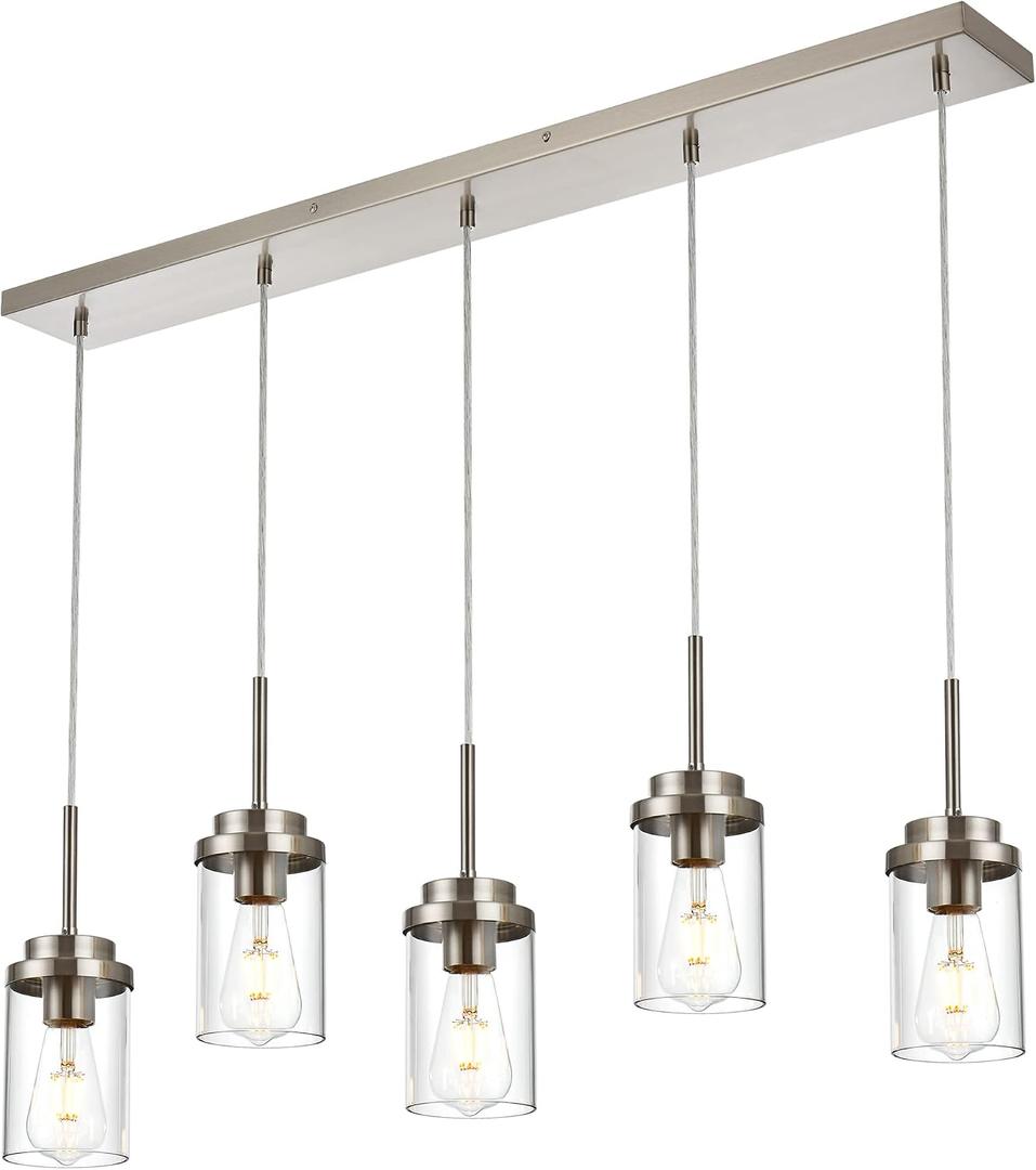 MELUCEE 5 Lights Kitchen Island Lighting Modern Linear Chandeliers for Dining Room, Industrial Brushed Nickel Pendant Light Fixtures Ceiling Hanging with Clear Glass Shade, 37.0 Inches Length, 5 Lights-1 Pack Linear