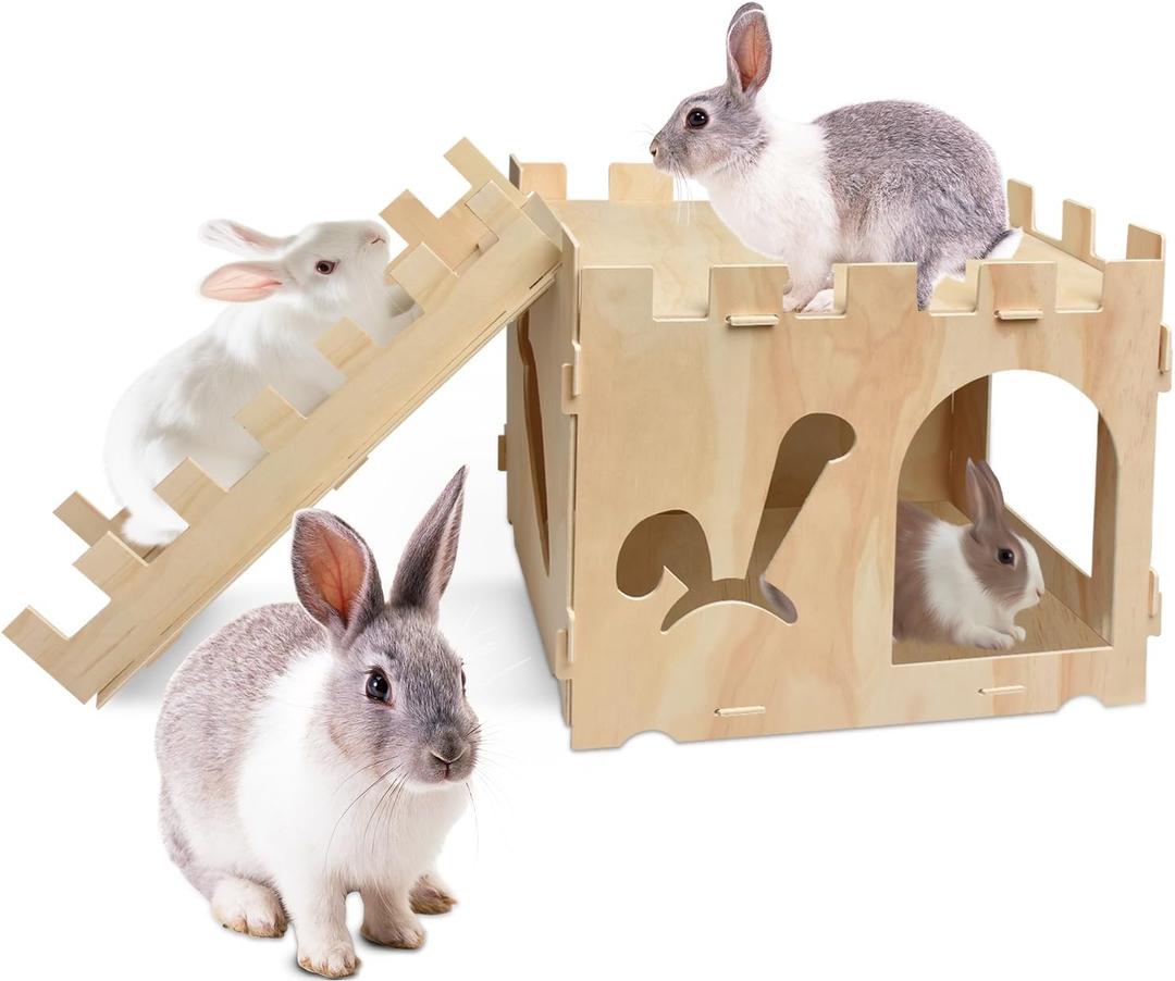 Large Wooden Sturdy Rabbit Houses and Hideouts, Detachable Bunny House Indoor Rabbits Castle Play House with Stairs for Rabbit Guinea Pig Chinchilla