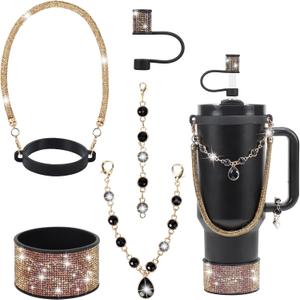 Rhinestone Stanley Cup Accessories Set, Bling Straw Cover 0.4in, Diamond Bottle Handle Strap, Glitter Charms, Bling Silicone Boot 30oz/40oz (Black Gold)