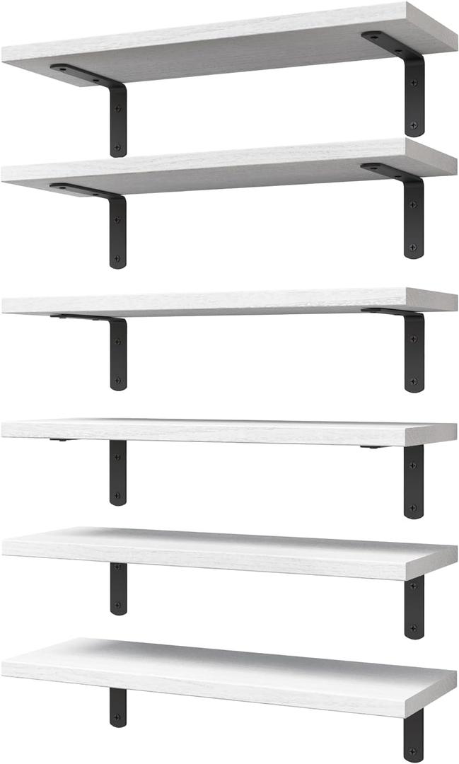 WOPITUES White Floating Shelves Set of 6,Wood for Bedroom,Modern Wall Decor,Bathroom Storage,Book Living Room[Upgraded]-White (HM011A)