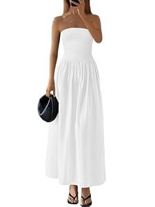 PRETTYGARDEN Women 2026 Summer Elegant Strapless Maxi Dress Tube Top Dress A Line Flowy Long Wedding Party Cocktail Dresses(White, Small)