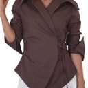 GORGLITTER Women's Wrap Blouses Dressy Casual Tie Side Long Sleeve Shirts Asymmetrical Business Office Work Outfits, Brown, Large