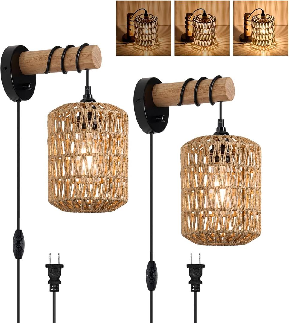 Rattan Plug in Wall Sconce Bedroom Sconces Set of 2 Boho Dimmable Wall Lamp with Plug in Cord Hanging Wall Lights for Living Room