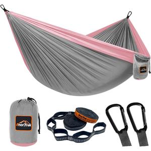 Camping Hammock, Super Lightweight Portable Parachute Hammock with Two Tree Straps Single or Double Nylon Travel Tree Hammocks for Camping Backpacking Hiking (Gray&Pink)