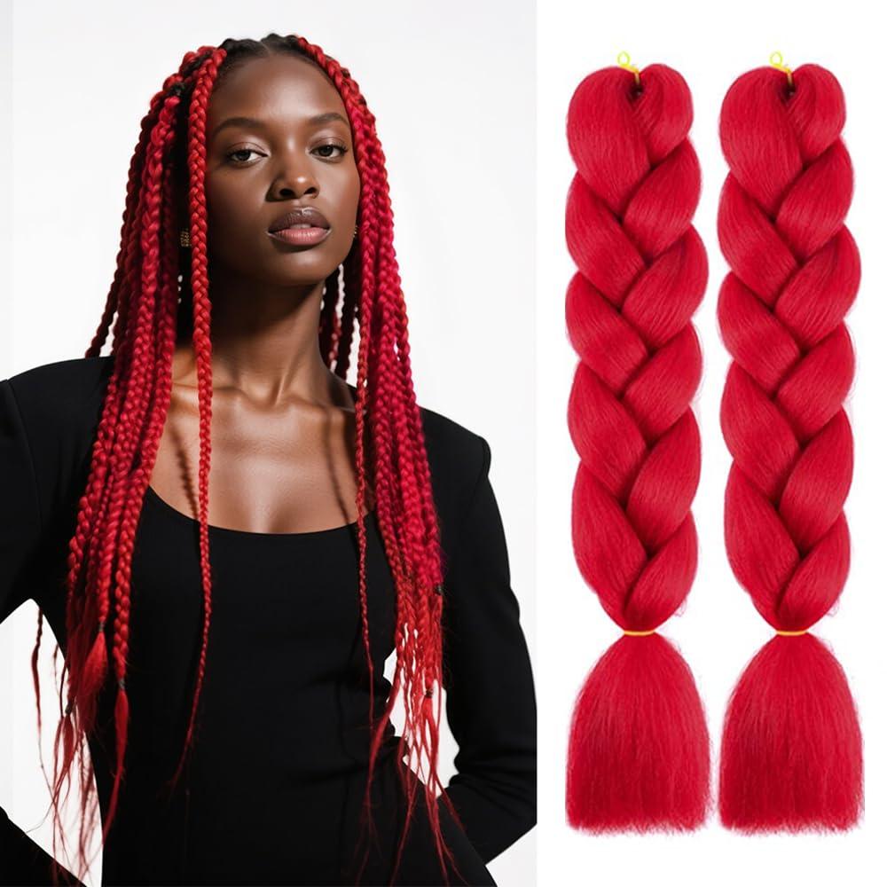 SHUOHAN 6 Packs Ombre Jumbo Braiding Hair Extensions 24 Inch High Temperature Synthetic Fiber Hair Extensions for Box Braids Braiding Hair (Red)