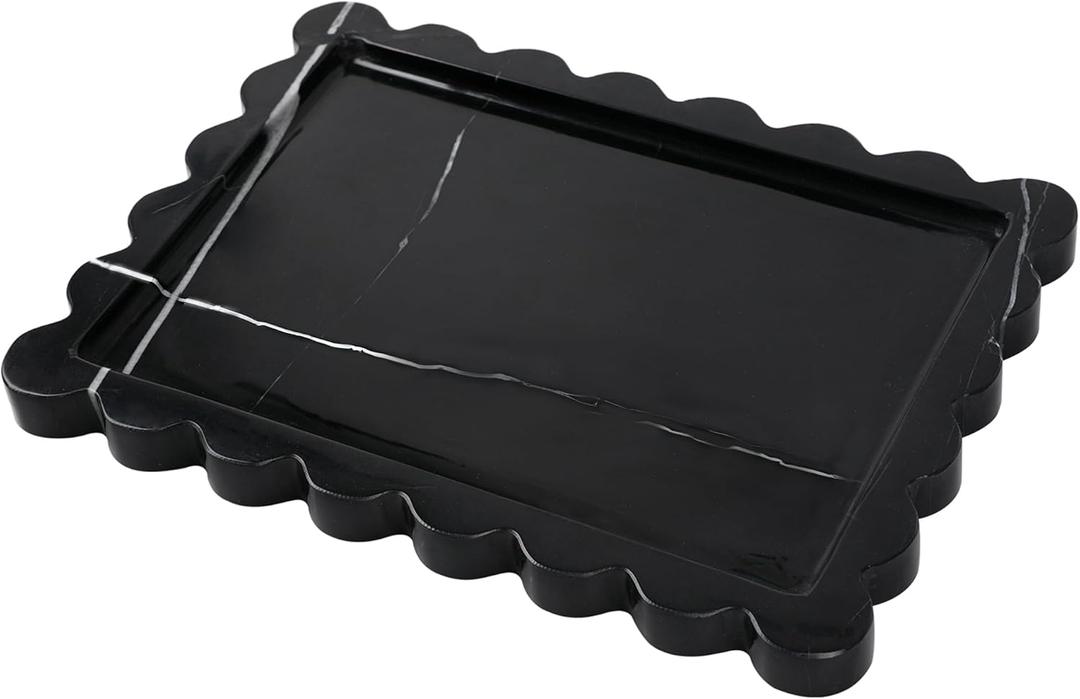 Black Marble Tray 10.8" x 8", Marble Vanity Tray, Bathroom, Decor for Trinket Perfume Jewelry Candle, Scalloped