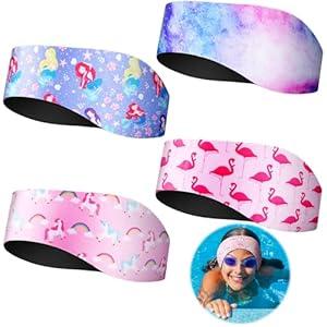 Zhanmai Swimming Headband, 4 Pieces Kids Waterproof Neoprene Hairband with Ear Covers, Adjustable Swimmer's Headband for Ear Protection (Dinosaur Style, 22 Inch)