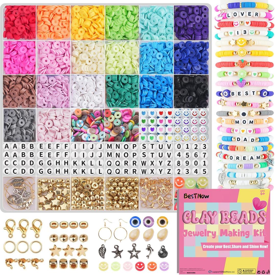 BestNow Clay Beads Bracelet Making Kit 5000 Pcs Friendship Bracelet Kits Flat Beads for Jewelry Making Polymer Heishi Beads Set for Bracelet Necklace DIY Crafts Gift for Girls Ages 6-12 (20 Colors + Black Letter Beads)