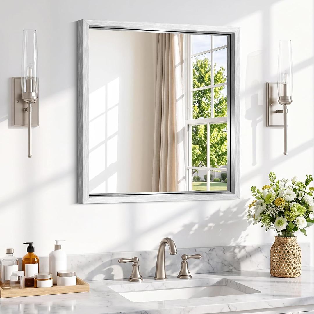 COFENY Bathroom Mirror, 24x24 Brushed Silver Square Mirrors, Thickened Deep Metal Frame Small Bathroom Vanity Mirrors for Over Sink, Bedroom, Entryway, HD Tempered Glass, Horizontally or Vertically