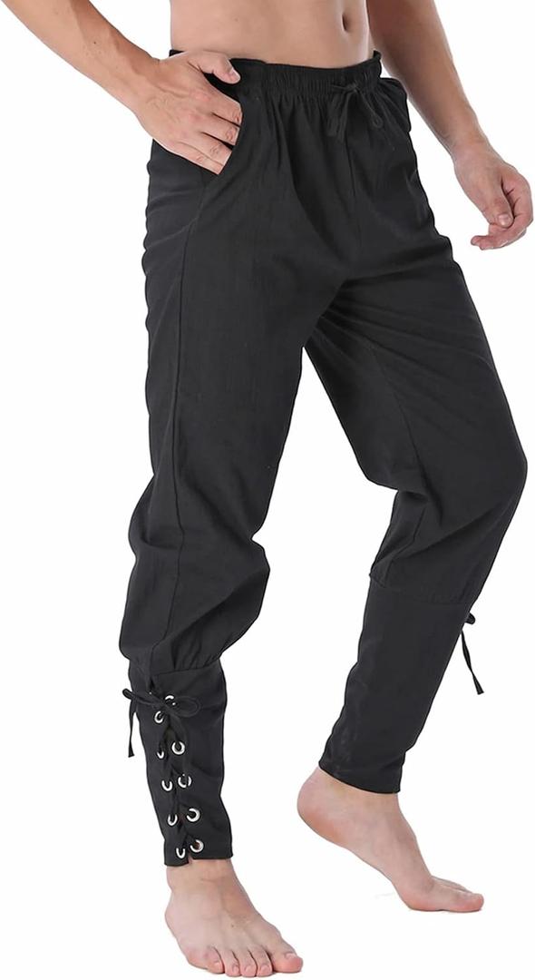 Mens Medieval Viking Pants Halloween Navigator Pirate Pants Renaissance Ankle Banded Lace Up Casual Trousers (Medium, Black)