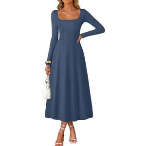 MEROKEETY Women's Fall Dresses 2025 Long Sleeve Square Neck Elegant Classy Winter Cocktail Wedding Guest Midi Dress