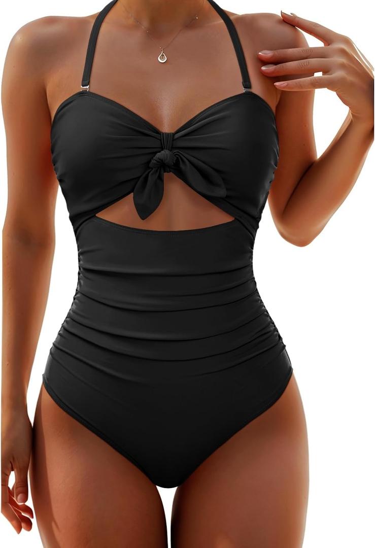 Tempt Me Women Sexy Cutout One Piece Swimsuits Tummy Control High Waisted Halter Front Tie Knot Bathing Suit (Large, Black)