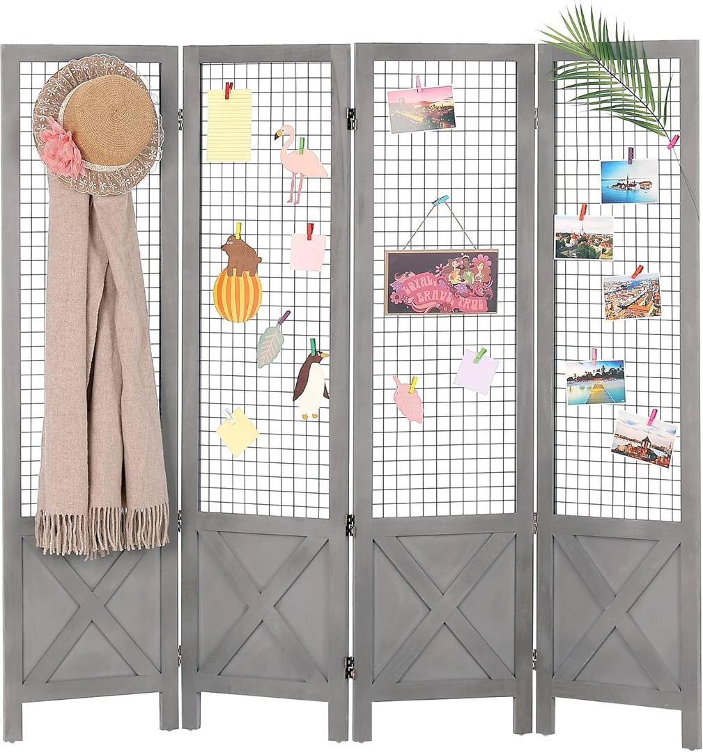 Wnutrees 4 Panel Gridwall Display, Portable Freestanding Display Board for Craft/Art Shows, Retail, Events, Decorative Wood Room Divider Folding Screens, Grey
