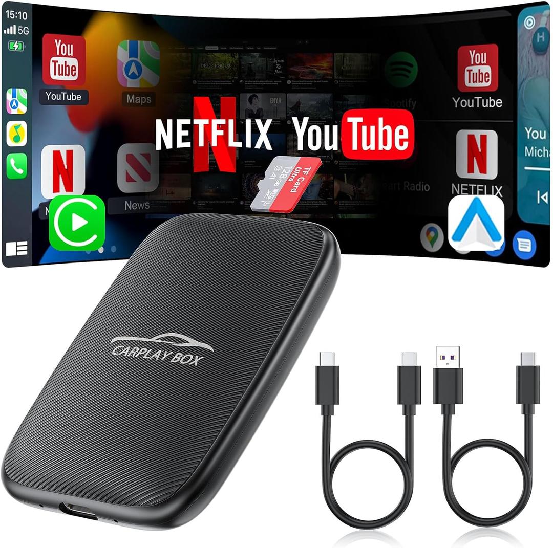 5-in-1 Wireless CarPlay Adapter Support Netflix/YouTube/TF, Wireless Android Auto & Carplay Adapter with USB-A/USB-C Cables, Convert Wired to Wireles Dongle, Magic Video Box Car Play for iPhone