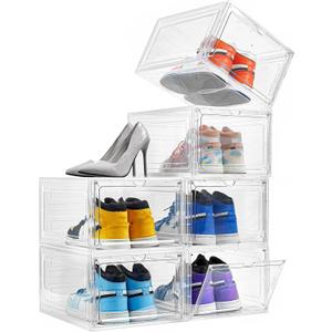 Attelite Shoe Box Organizer,Set of 6,Stackable Plastic Shoe Box with Clear Door, Shoe Storage Box Containers,For Display Sneakers,Easy Assembly,Fit up to US Size 12(13.4x 10.6x 7.4) (XL-6-pcs)