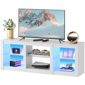 WLIVE LED TV Stand for 65-Inch TV, 58-Inch Entertainment Center with Adjustable Glass Shelves, Modern Media Console for Living Room & Bedroom, White