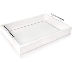 Modern White Decorative Tray - Engineered Wood Tray with Silver Metal Handles - 16.4x12.2x3.2 inches - Versatile Serving Tray for Coffee, Food, Home Organization & Occasions