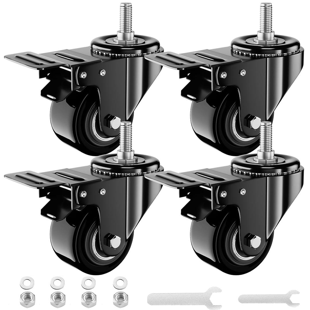 2 Inch Swivel Caster Wheels, Threaded Stem Casters Set of 4 Heavy Duty, 1/2"-13 x 1 (Screw Diameter 1/2", Stem Length 1"), Safety Dual Locking Industrial Castors, Wheels for Cart, Furniture