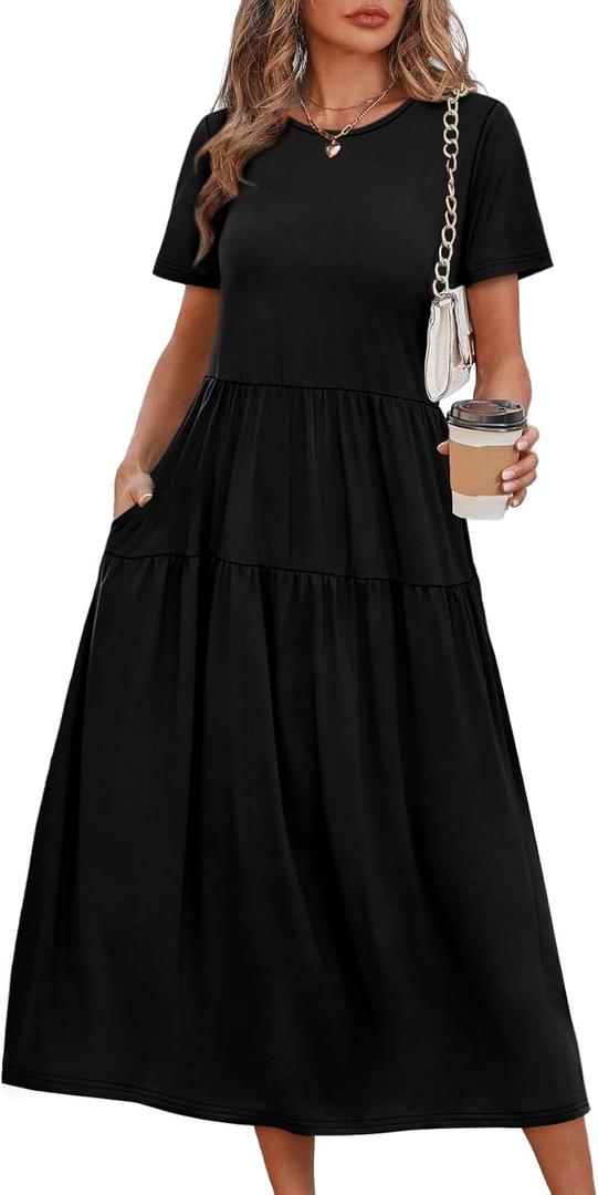 OFEEFAN Maxi Dress Casual Dresses for Women Crew Neck Short Sleeve Tiered Dress with Pockets (Large, Black)