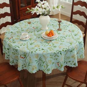 Round Waterproof Tablecloth Linen Textured Table Cloth,Stain and Wrinkle Resistant Washable Fabric Table Cover for Dining, Party, Camping and Outdoor,70InchGreen Leaves