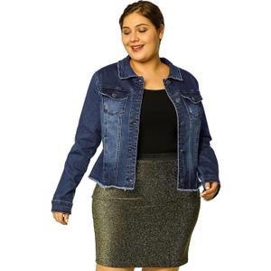 Agnes Orinda Women's Plus Size Classic Washed Front Frayed Denim Jacket (2X, Dark Blue)