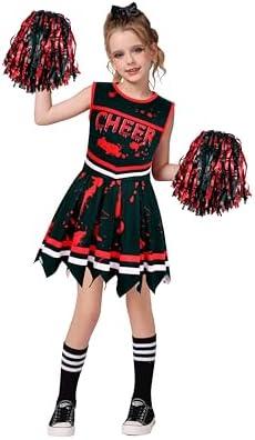 Rayekrot Cheerleader Costume for Girls Halloween Cosplay Scary Bloody Cheerleader Dress Up for Halloween Party 2Xl