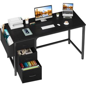 Lufeiya Computer Desk with Fabric File Drawers Cabinet, 55 Inch Reversible Home Office Desks with Filing Cabinet, Study Writing Table PC Desks with Storage for Bedroom, Black, 54.6"