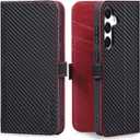 VISOUL Leather Case for Samsung Galaxy S25, Genuine Leather Magnetic Wallet Case Card Holder Kickstand Flip Folio Phone Cover Compatible with Samsung S25 (6.2 inch) Black+Red