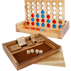 Glintoper Shut The Box & 4 in a Row Tables Game Set, Classic Wood Dice Game with Numbers & Line Up 4 Game for Kids Family, Living Room Rustic Coffee Table Decor, Travel Game Strategy Board Games