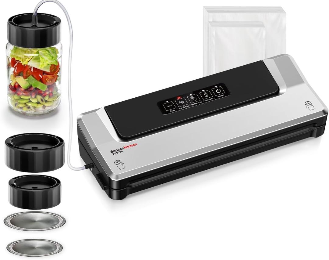Bonsenkitchen Vacuum Sealer Machine with Mason Jar Sealer Kit | Compact Food Sealer for Kitchen Storage & Meal Prep | Multiple Modes | External Vacuum System & 40 Vacuum Bags, Silver
