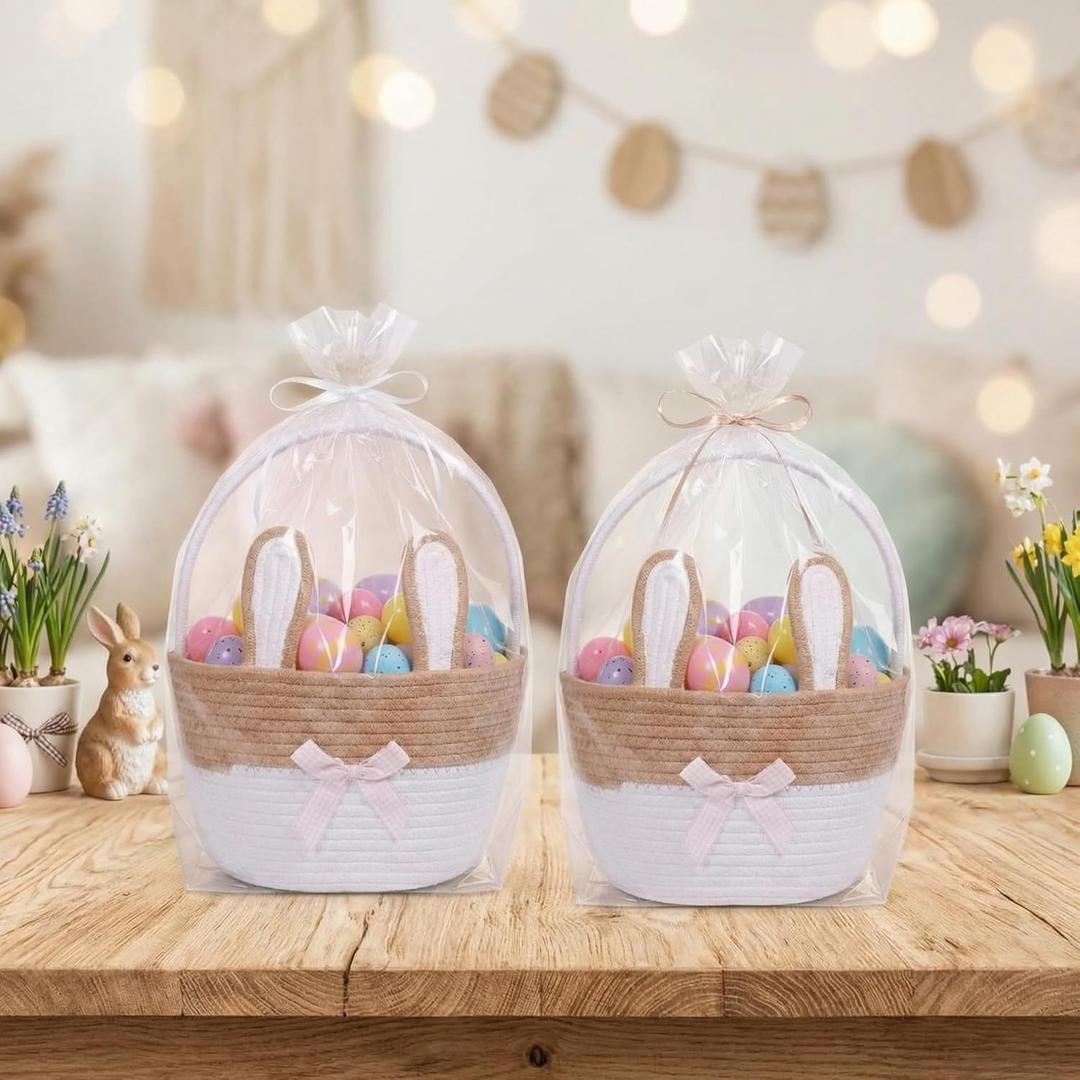 2 Set Easter Bunny Basket with Cellophane Bags and Ribbons Easter Egg Hunting Treasure Hunt Woven Basket Empty Bucket with Rabbit Ears for Gift Egg Hunts Party Decorations (Khaki)