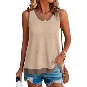 BLENCOT Waffle Knit Tank Top for Women Summer Casual Sleeveless Scoop Neck Basic Loose Tunic Shirts Parchment L