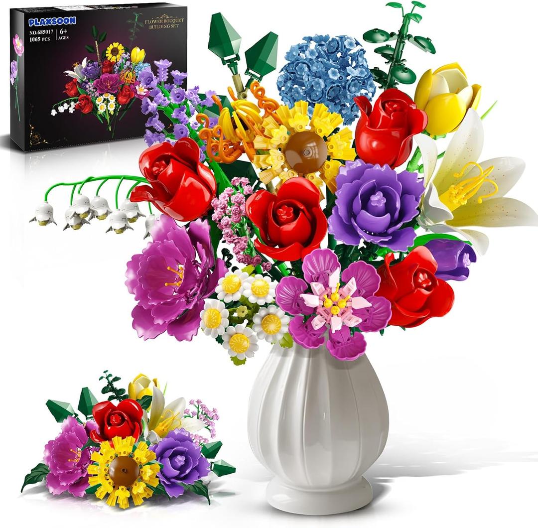 PLAXSOON Flower Bouquet Building Set, 18 Flowers Gift for Mothers Day Botanical Collection Building Block for Women Her Adults, Rose Toy Plant Home Decor 1065 PCS for Mom Wife Couple Boys Girls 8-12+