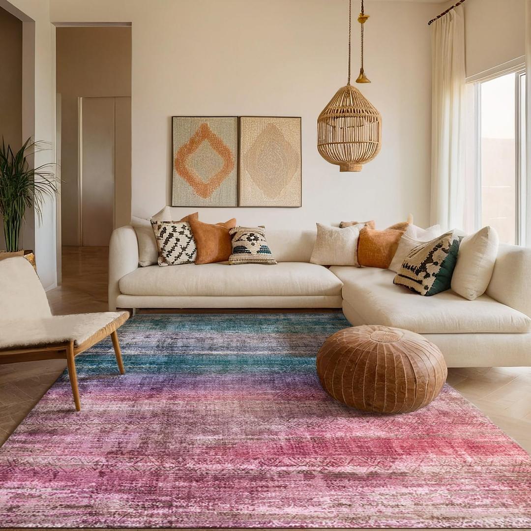 Kokia Abstract Area Rugs 8x10 Bedroom Soft Living Room Rugs Washable Distressed Vintage Comfy Red Carpet with Non-Slip Backing for Farmhouse Home Office Room Decor, Oslo Orchid (Peony/Orchid/Teal/Skyblue)