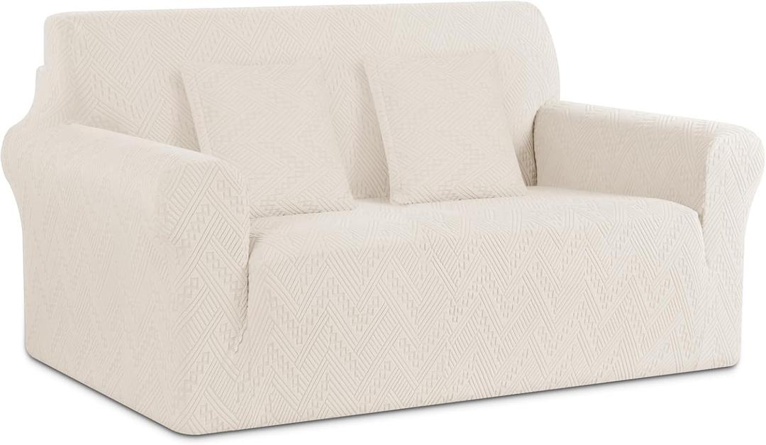 Ruaozz Stretch Loveseat Sofa Cover 1 Piece Couch Covers for 2 Cushion Couch Non Slip Loveseat Slipcover Soft Jacquard Furniture Protector with 2 pcs Throw Pillow Covers (2 Seater, Ivory)