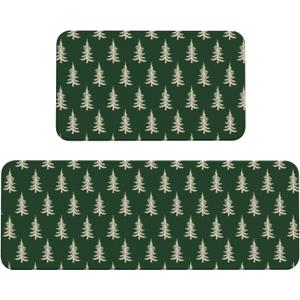 Forest Green Christmas Kitchen Mats Set of 2 Cream Xmas Tree Print Winter Holiday Kitchen Rugs for Floor Home Decor Low-Profile Mats,17x29 and 17x47 Inch