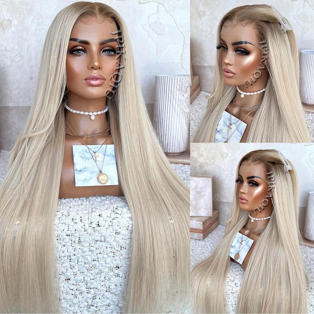 24 Inch Platinum Blonde Hair Synthetic Lace Front Wigs Ash Blonde Ombre Colored Glueless HD Lace Wigs Pre Plucked Natural Hairline Long Straight Wigs for Black Women