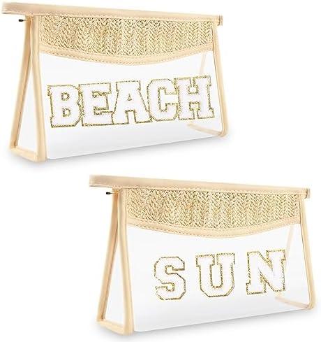 2 Pcs Boho Straw Clear Makeup Letter Beach Pouch, Sunscreen Bags for Travel, Small Cute Chenille SPF Bag, Waterproof Toiletry Sun Pouch, Accessories for Women (BEACH+SUN)