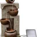 Teamson Home 28 in. Cascading Bowls and Stacked Stones LED Outdoor Water Fountain for Outdoor Living Spaces to Create a Calming Oasis in Gardens and Landscaping, on Patios, Balconies, Lawns, Brown